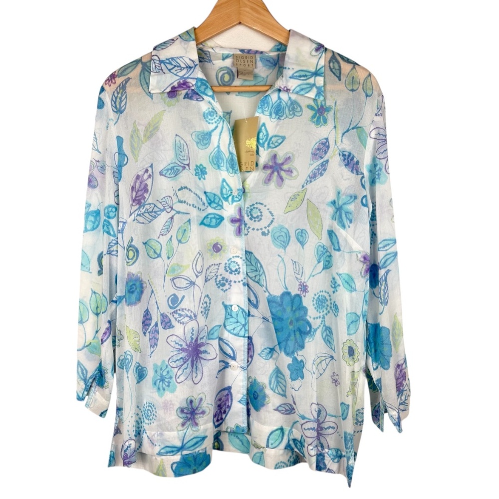 NWT Vintage‎ Y2K Sigrid Olson Sport Sheer Floral Blouse Women's Size L Pastel